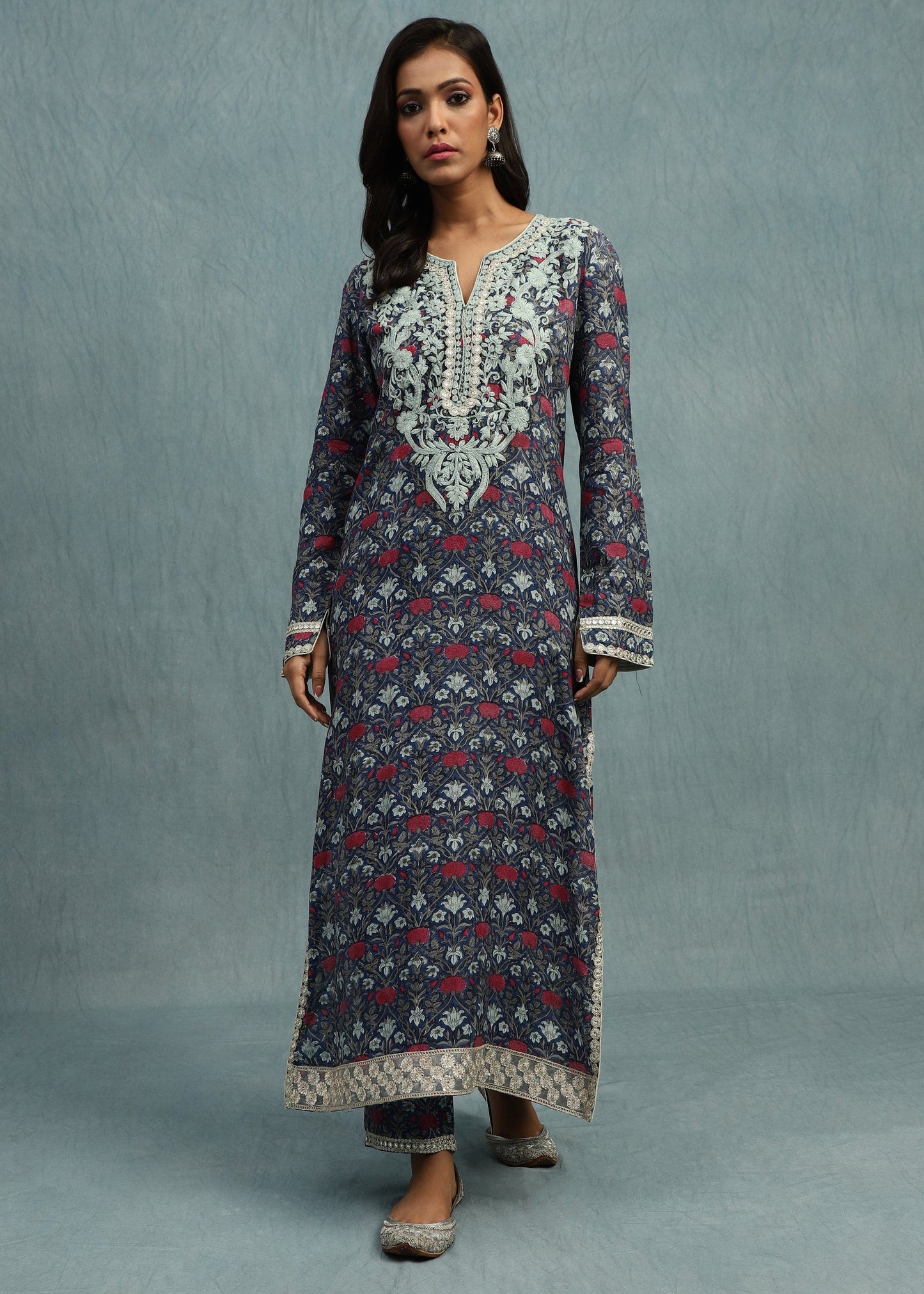 INDIGO MARIGOLD JAAL COTTON SILK HAND BLOCK PRINTED TUNIC SET