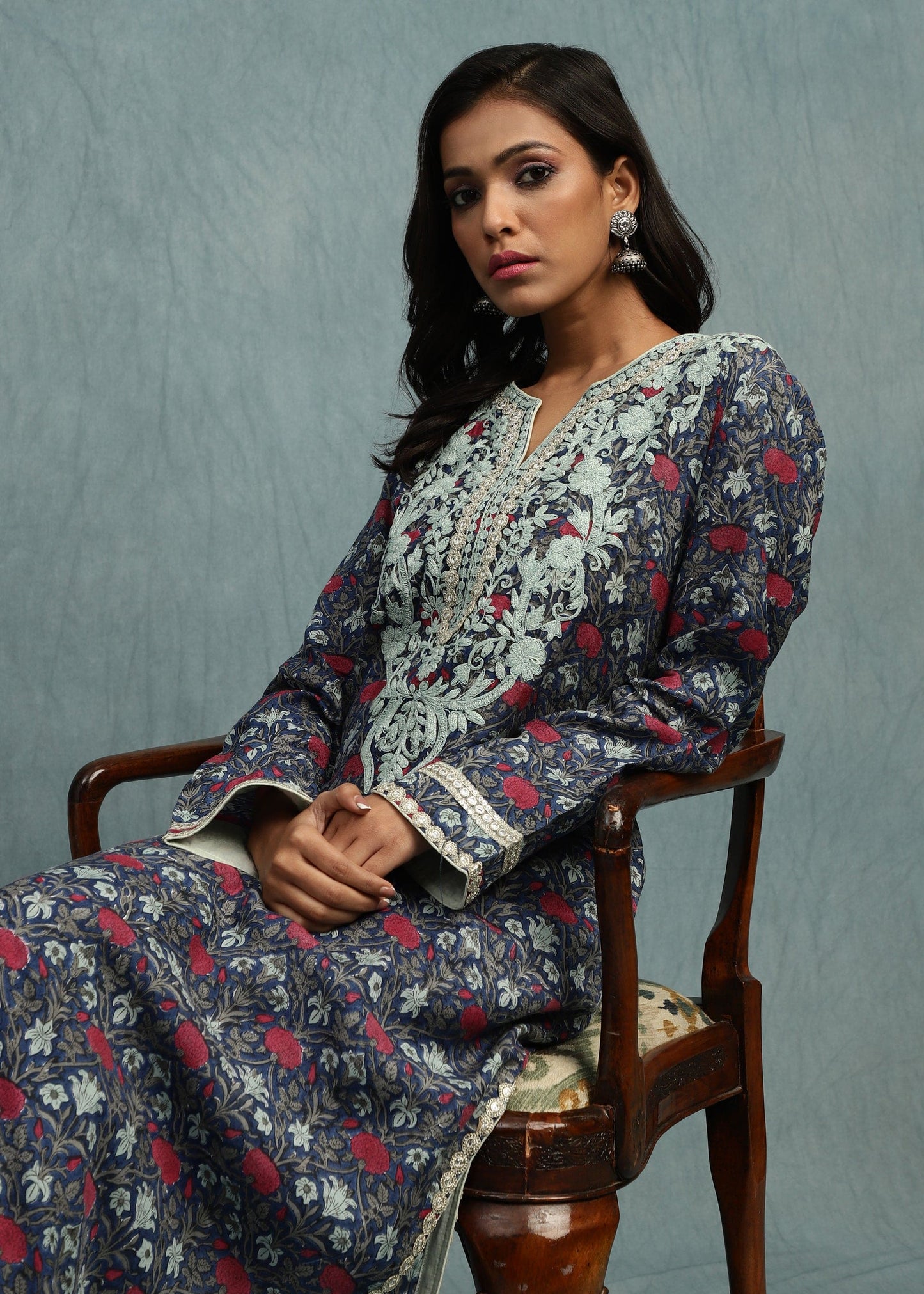 INDIGO MARIGOLD JAAL COTTON SILK HAND BLOCK PRINTED TUNIC SET
