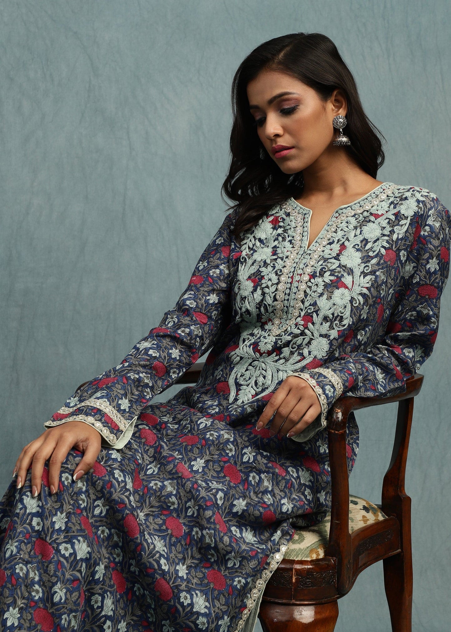 INDIGO MARIGOLD JAAL COTTON SILK HAND BLOCK PRINTED TUNIC SET