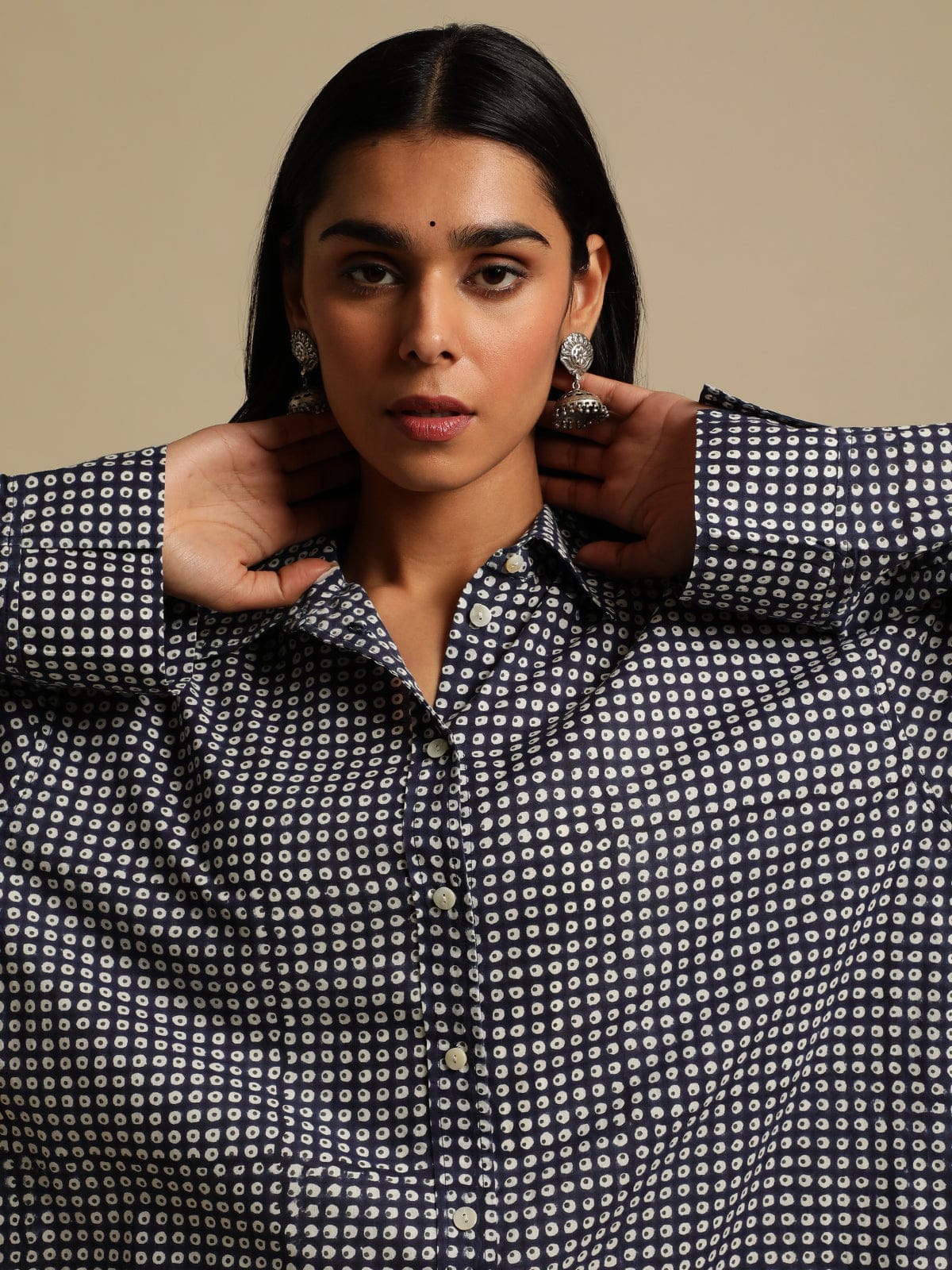 INDIGO POLKA ORGANIC COTTON HAND BLOCK PRINTED SHIRT DRESS