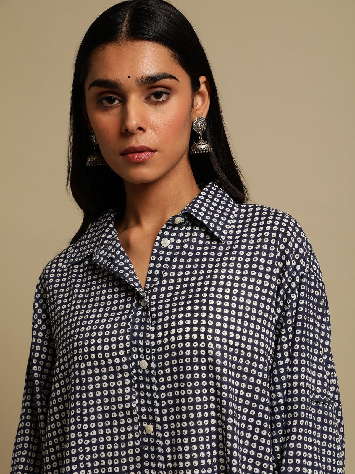 INDIGO POLKA ORGANIC COTTON HAND BLOCK PRINTED SHIRT DRESS