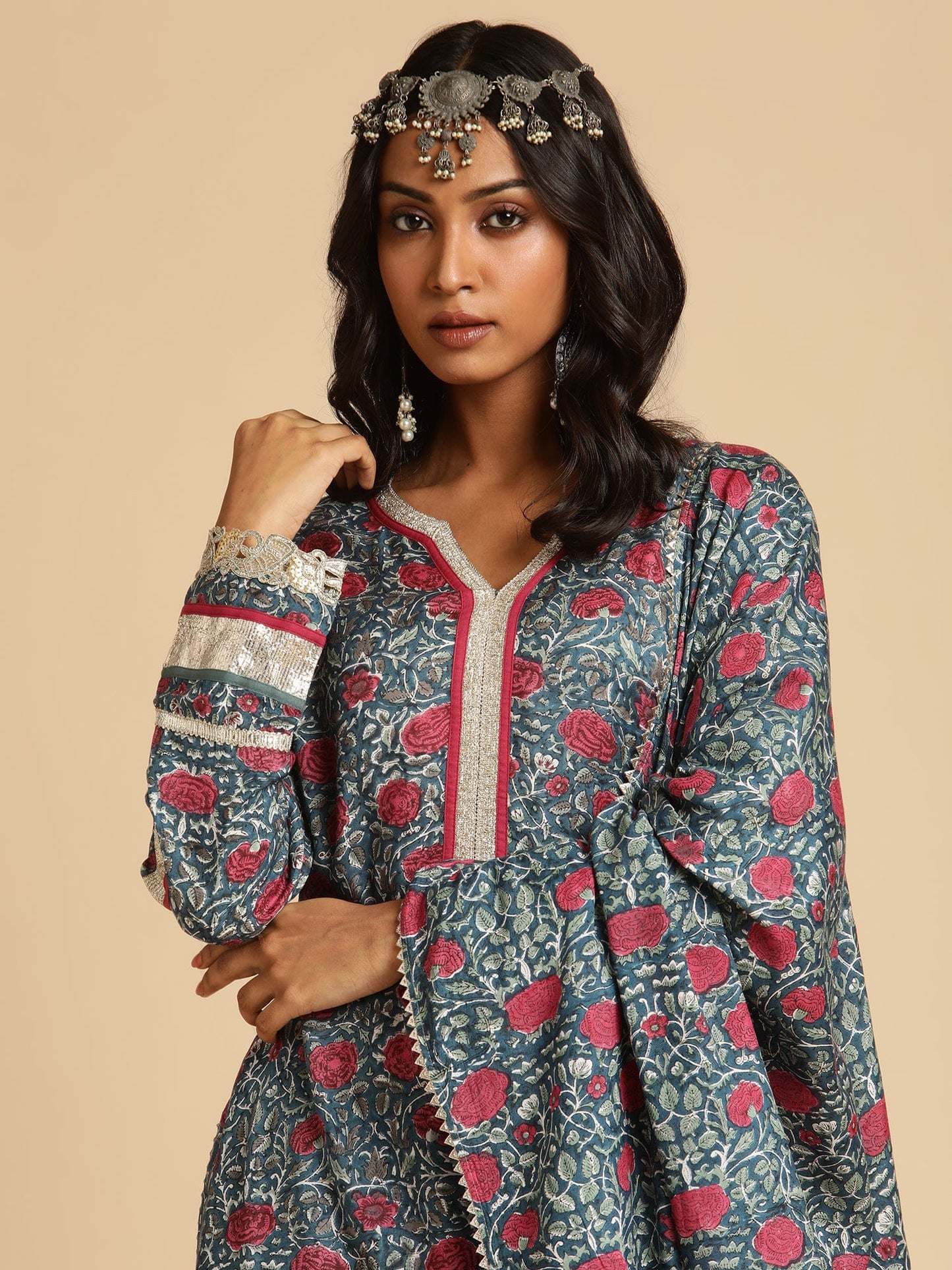 Indigo Blue Rose Jaal Cotton Silk Hand Block Printed Sharara- (3 Pcs Set)
