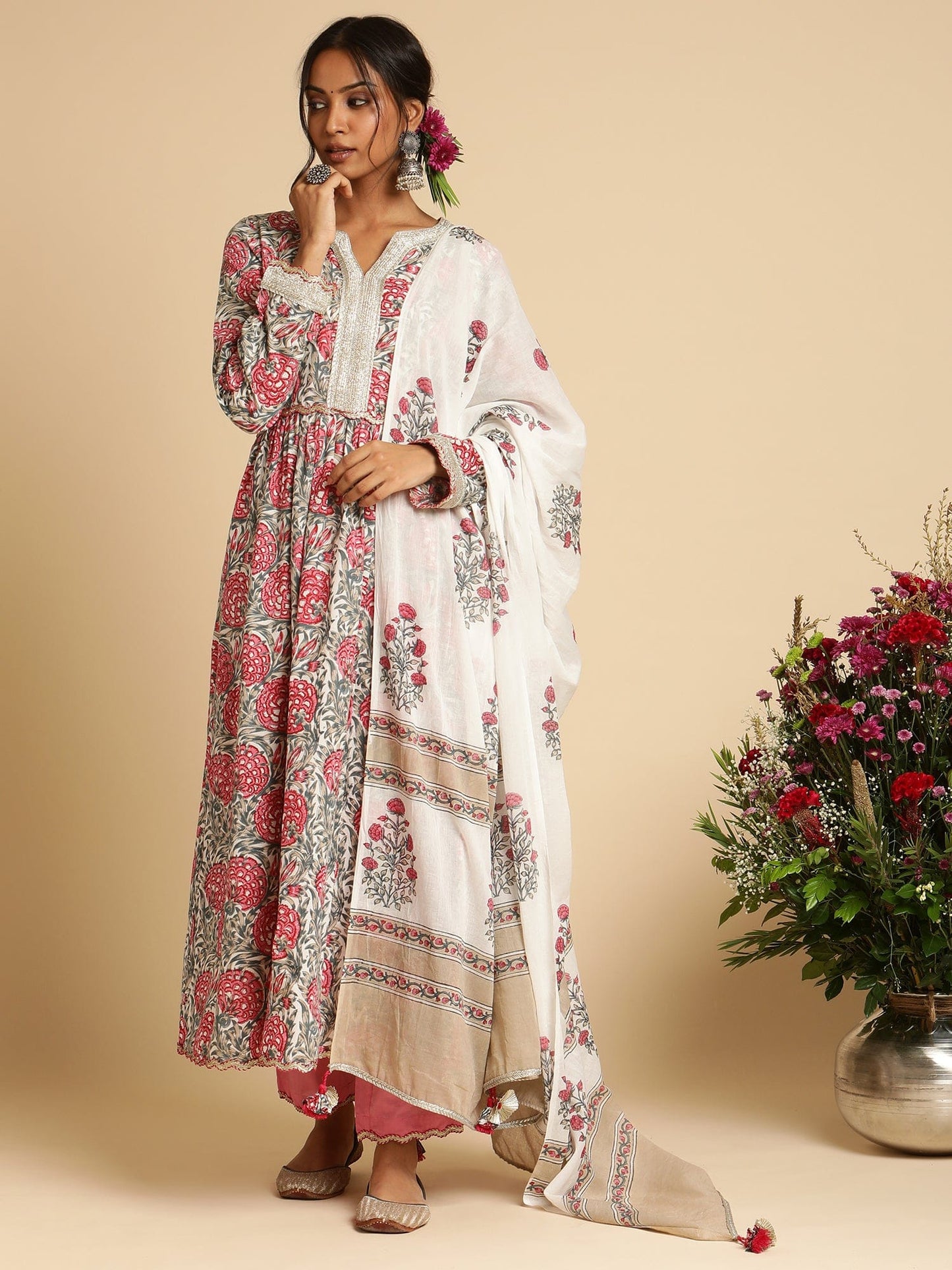 Fuchsia Marigold Anarkali Organic Cotton Hand Block Printed Kurta - (3 Pcs Set)