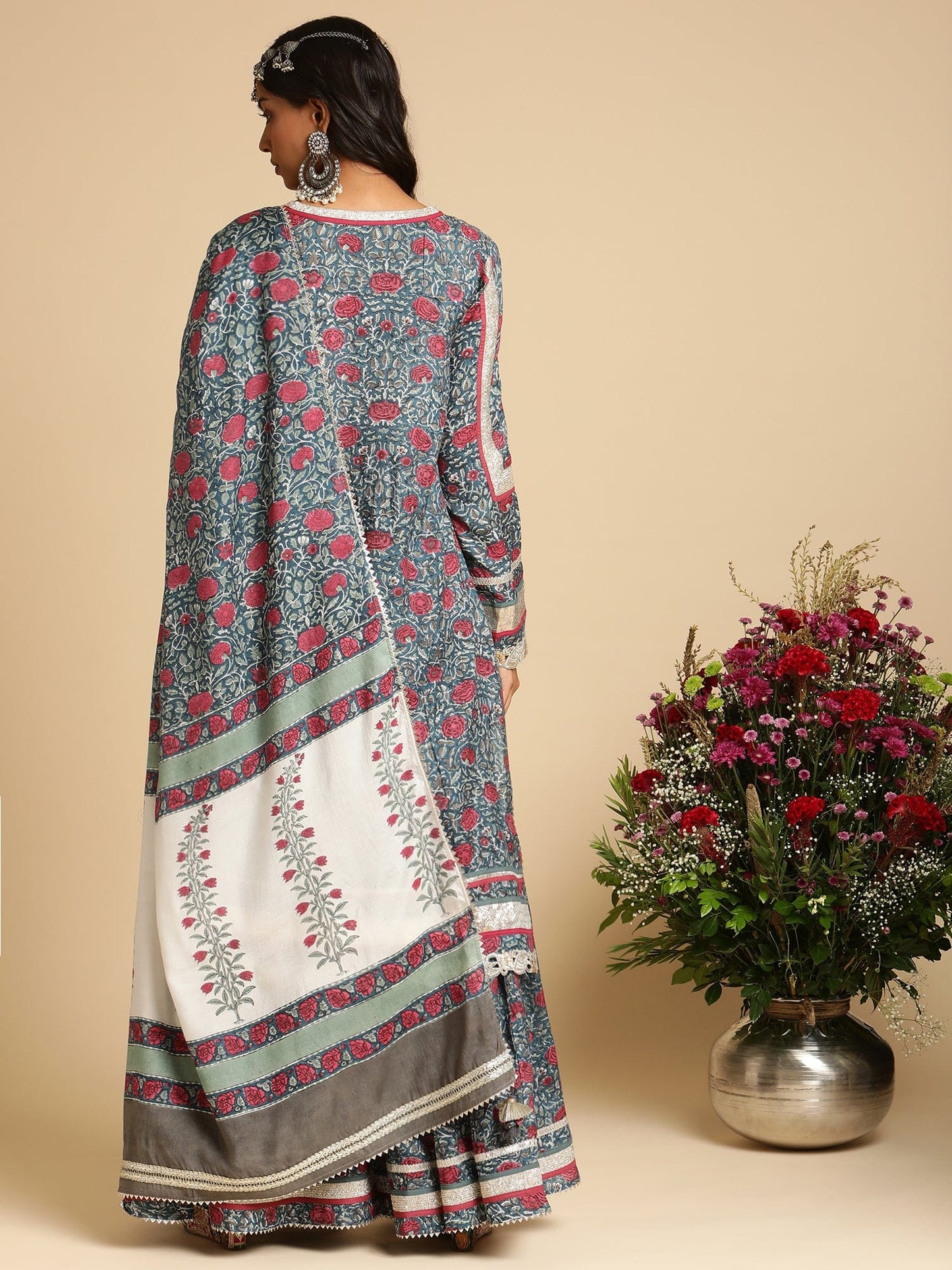 Indigo Blue Rose Jaal Cotton Silk Hand Block Printed Sharara- (3 Pcs Set)