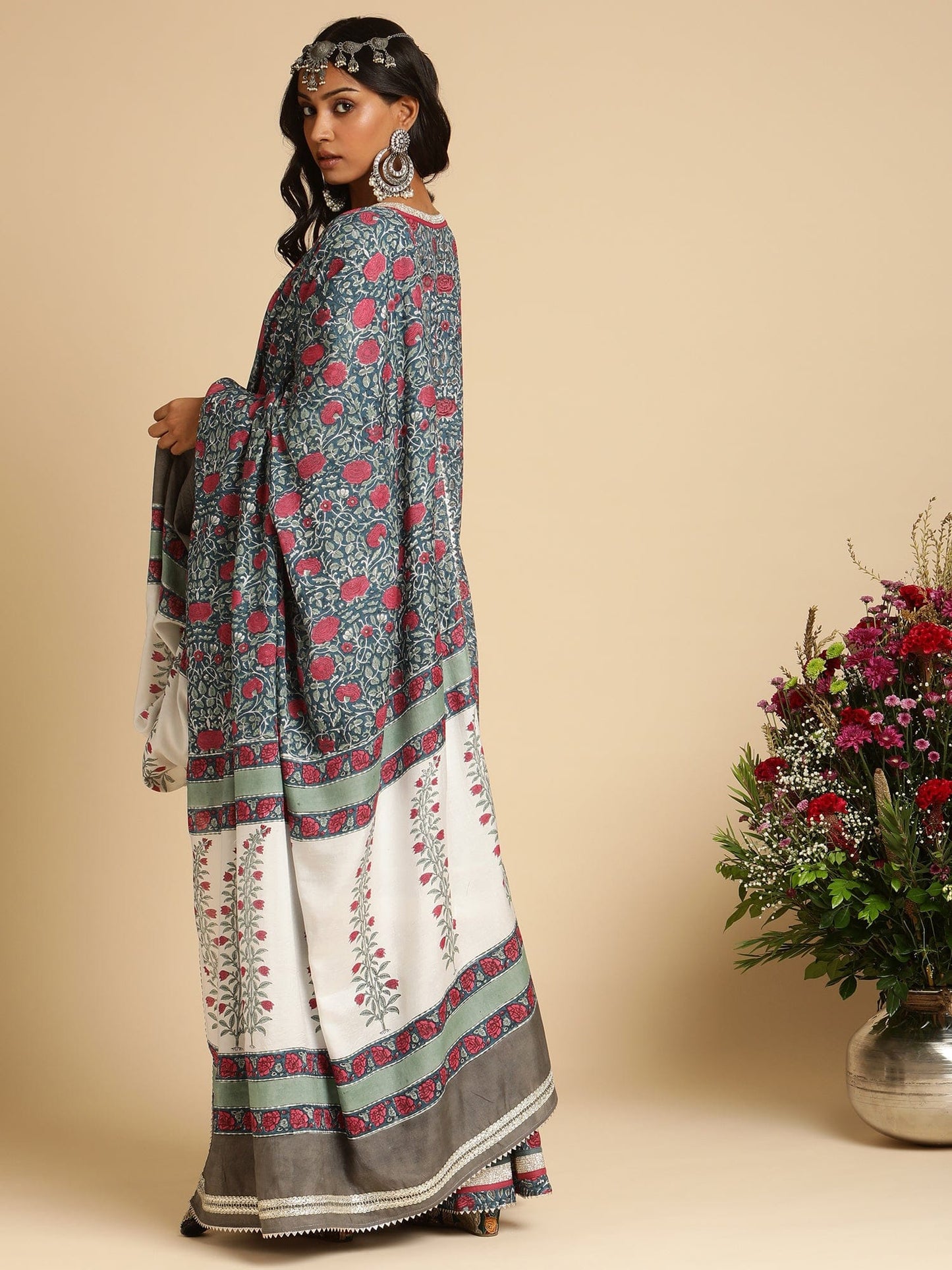 INDIGO BLUE ROSE JAAL COTTON SILK HAND BLOCK PRINTED KURTA- (3 PCS SET)