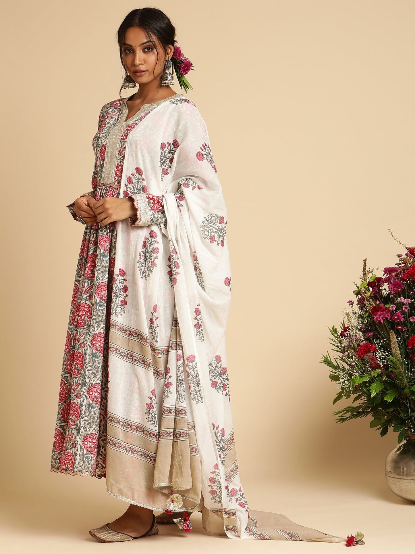 Fuchsia Marigold Anarkali Organic Cotton Hand Block Printed Kurta - (3 Pcs Set)