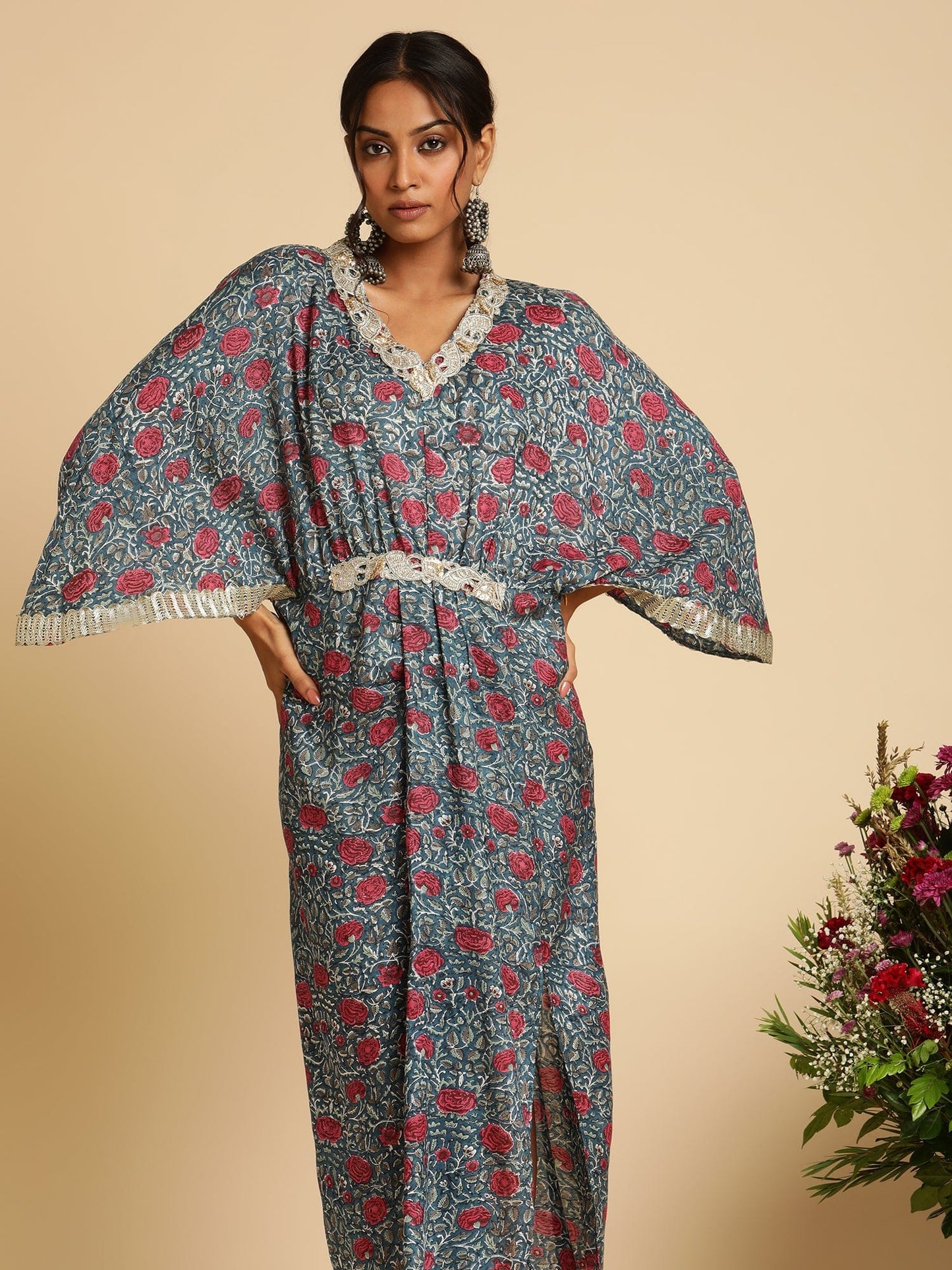 INDIGO BLUE ROSE JAAL COTTON SILK HAND BLOCK PRINTED KAFTAN DRESS