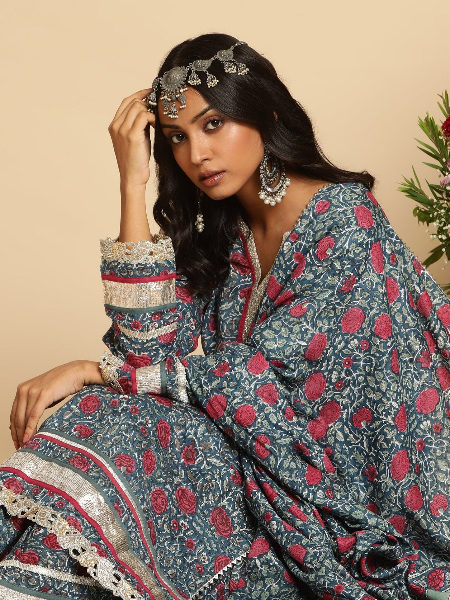 INDIGO BLUE ROSE JAAL COTTON SILK HAND BLOCK PRINTED KURTA- (3 PCS SET)