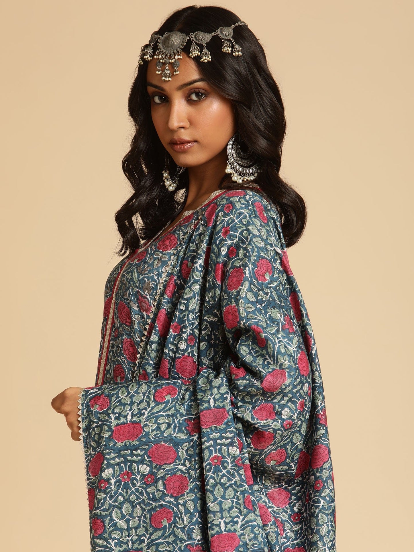INDIGO BLUE ROSE JAAL COTTON SILK HAND BLOCK PRINTED KURTA- (3 PCS SET)