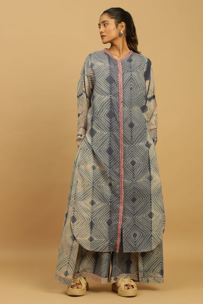 CORAL GREY INDIGO SHIBORI TUNIC JACKET SET
