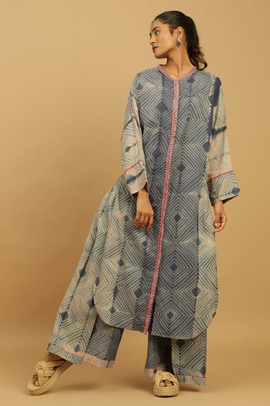 CORAL GREY INDIGO SHIBORI TUNIC JACKET SET