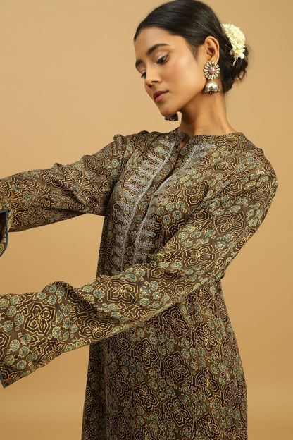 TAUPE JAAL COTTON SILK AJRAKH TUNIC SET