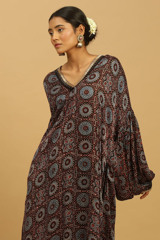 CHOCOLATE PHOOL BLUE COTTON SILK AJRAKH TUNIC SET
