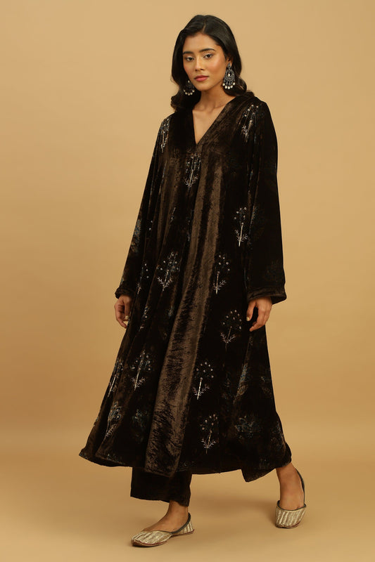 CHOCOLATE BOOTIE VELVET AJRAKH TUNIC SET