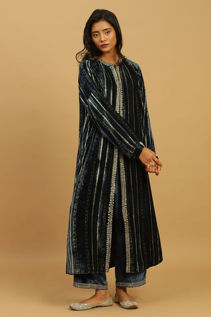 INDIGO PAISLEY STRIPES VELVET AJRAKH TUNIC JACKET SET