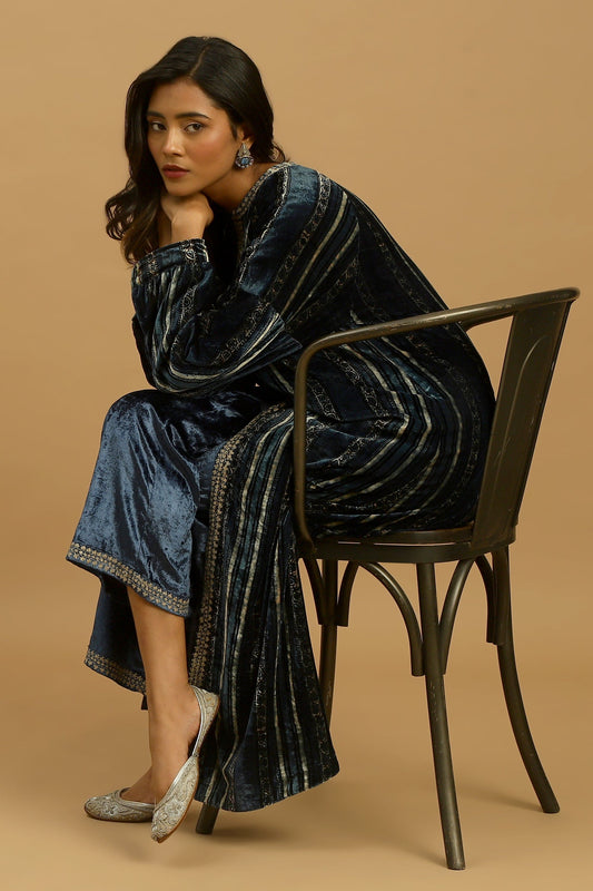 INDIGO PAISLEY STRIPES VELVET AJRAKH TUNIC JACKET SET