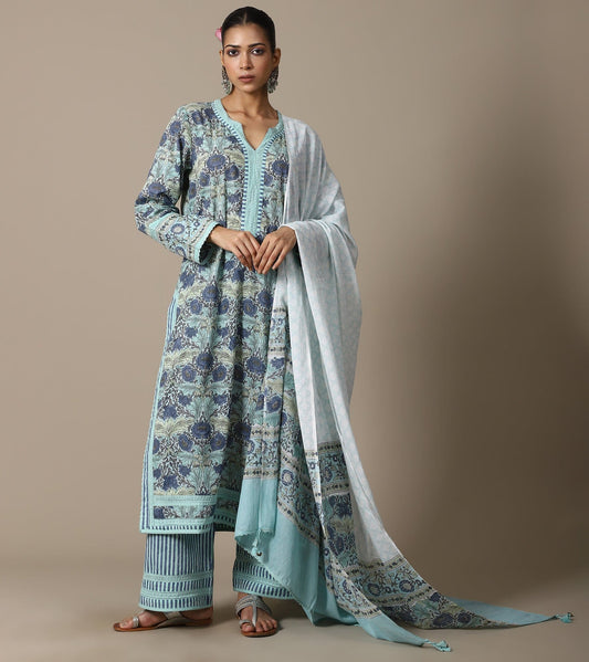 BLOCK AQUA POPPY KURTA SET