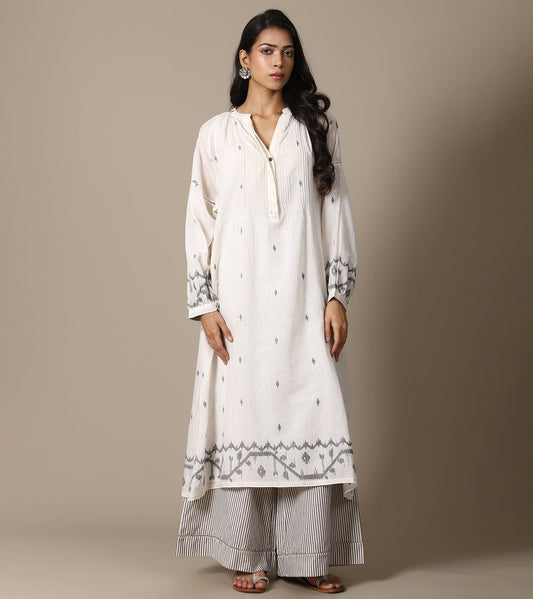ECRU JAMDANI TUNIC AND STRIPE PANTS SET