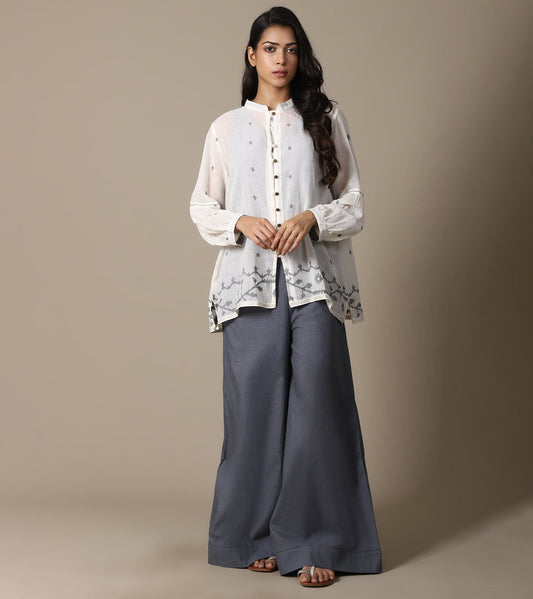 ECRU JAMDANI TOP AND CHAMBRAY PANTS