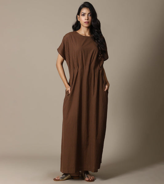 ORGANIC BROWN STRIPE PLEAT DRESS