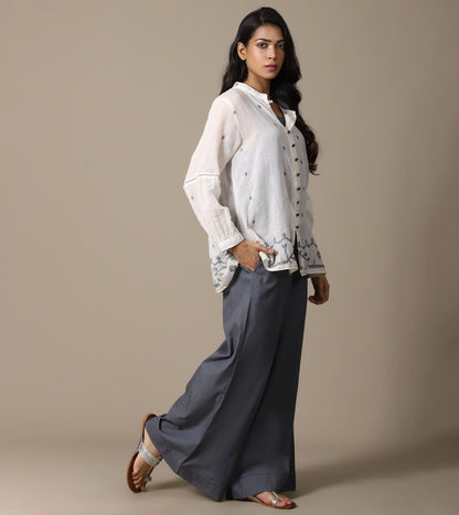 ECRU JAMDANI TOP AND CHAMBRAY PANTS