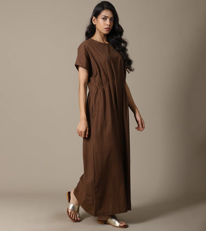 ORGANIC BROWN STRIPE PLEAT DRESS