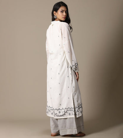 ECRU JAMDANI TUNIC AND STRIPE PANTS SET