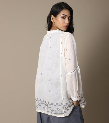 ECRU JAMDANI TOP AND CHAMBRAY PANTS