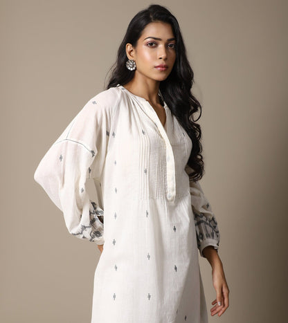 ECRU JAMDANI TUNIC AND STRIPE PANTS SET