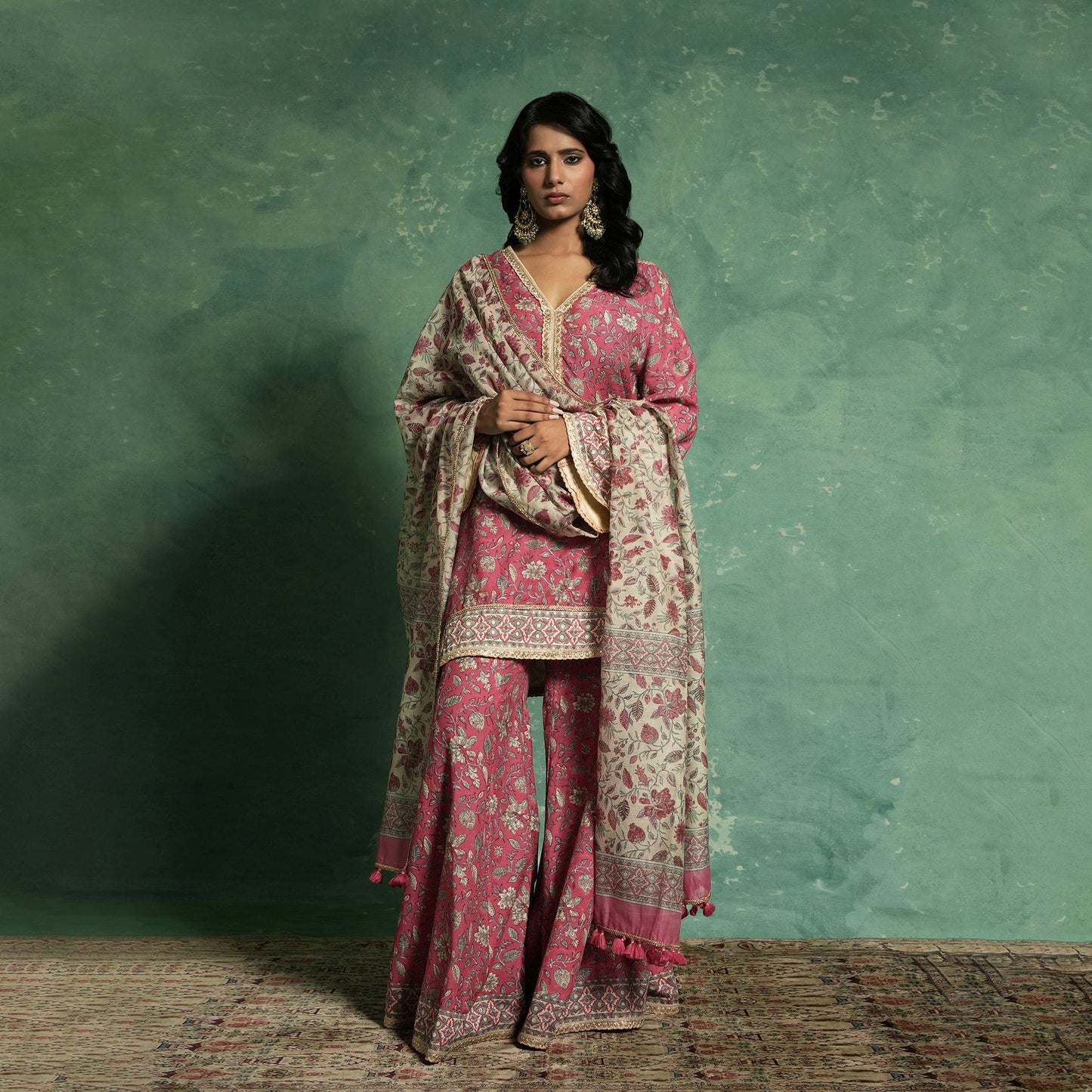 COTTON SILK PINK CHINTZ SHARARA (SET OF 3)
