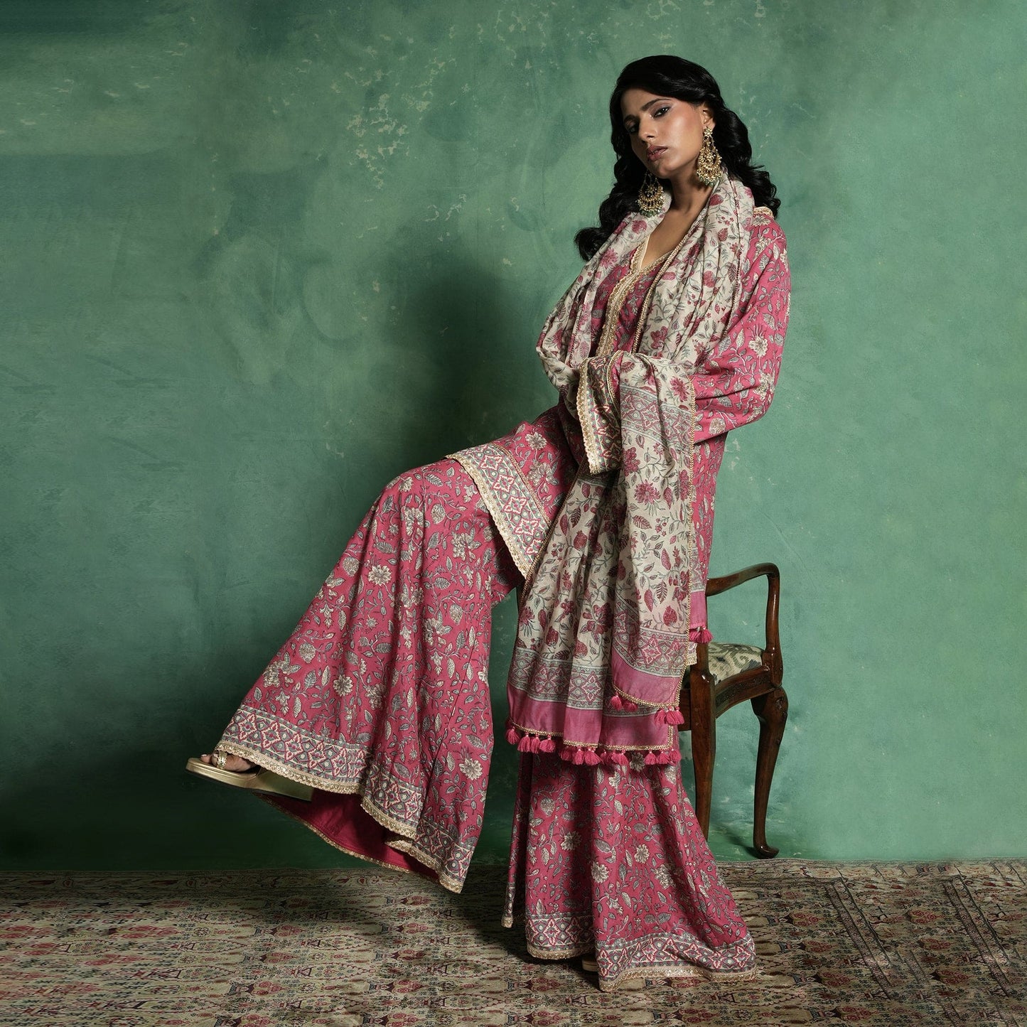 COTTON SILK PINK CHINTZ SHARARA (SET OF 3)