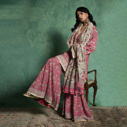 COTTON SILK PINK CHINTZ SHARARA (SET OF 3)