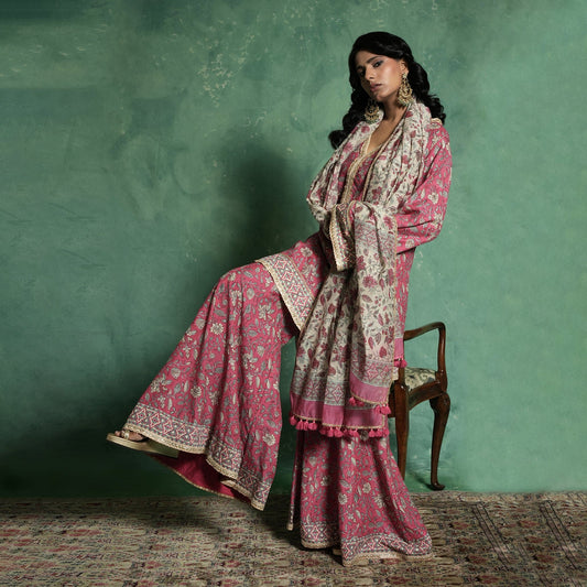 COTTON SILK PINK CHINTZ SHARARA (SET OF 3)