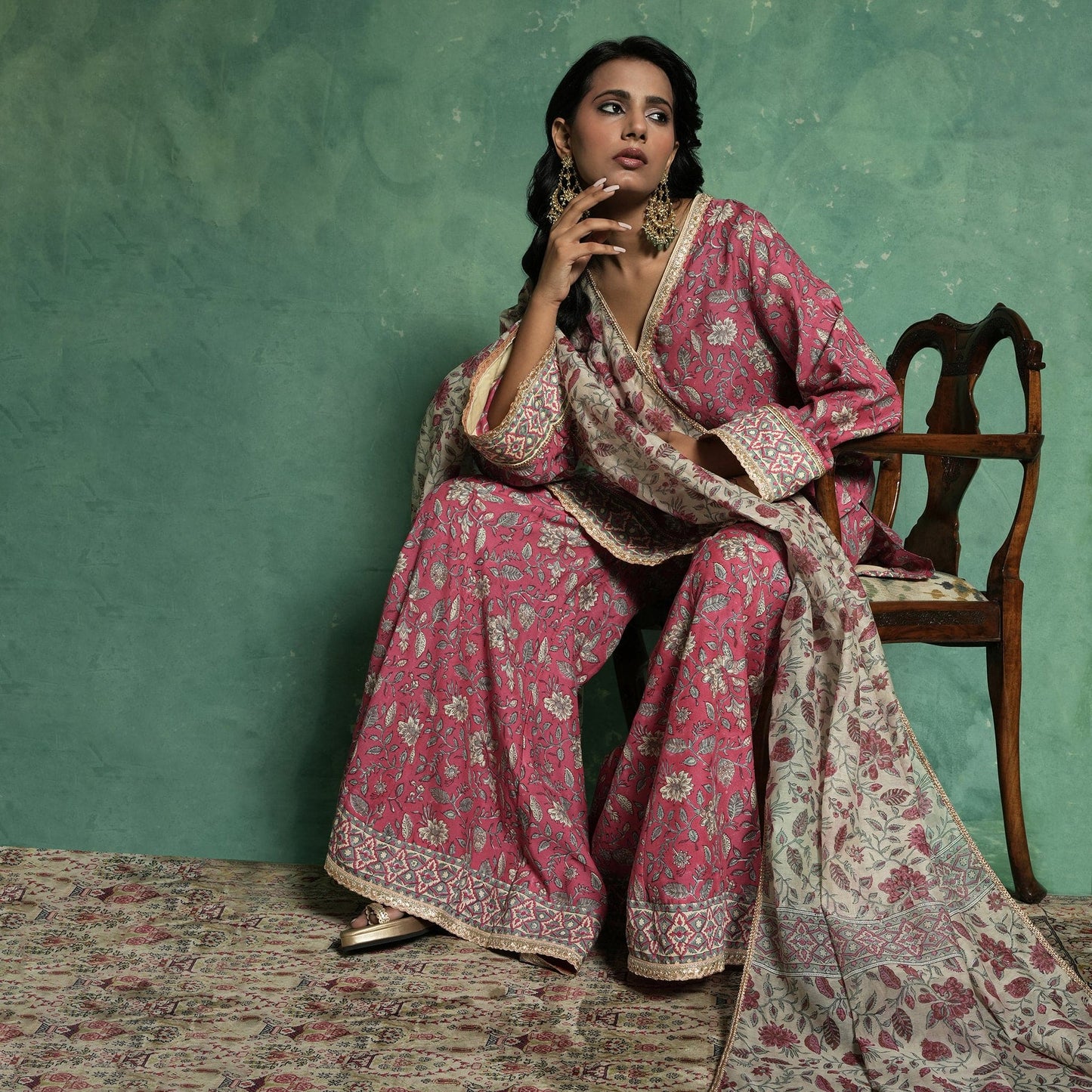 COTTON SILK PINK CHINTZ SHARARA (SET OF 3)