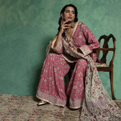COTTON SILK PINK CHINTZ SHARARA (SET OF 3)