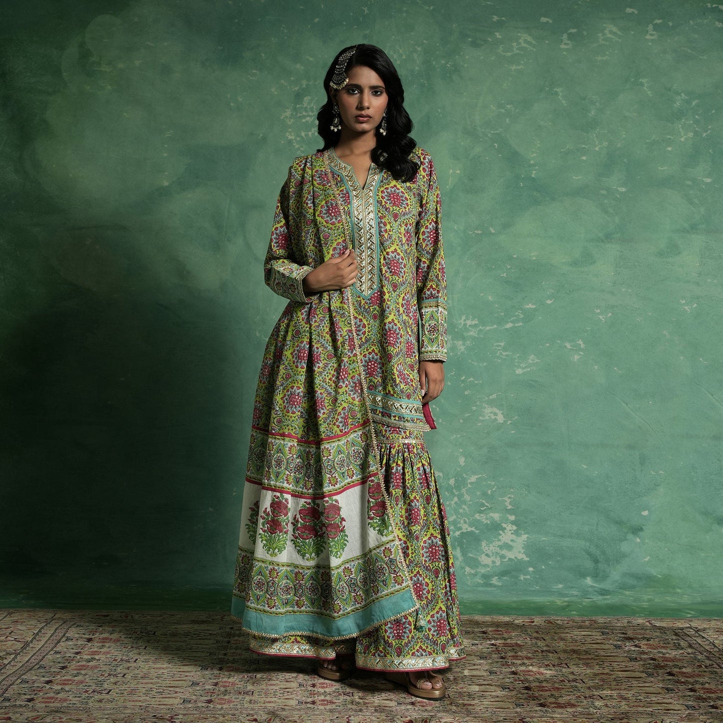 ORGANIC COTTON LIME PHOOL JAAL SHARARA (SET of 3)