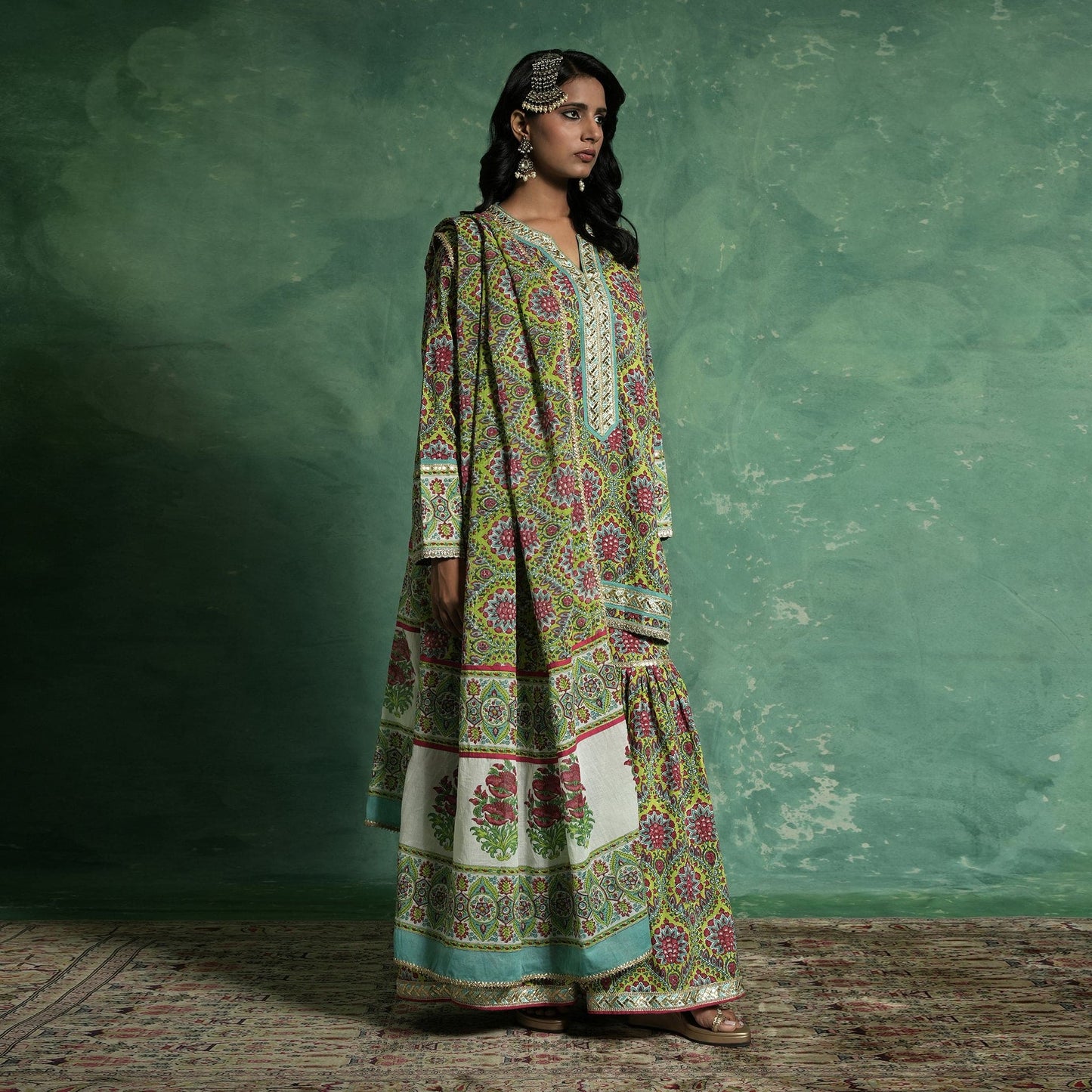 ORGANIC COTTON LIME PHOOL JAAL SHARARA (SET of 3)