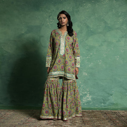 ORGANIC COTTON LIME PHOOL JAAL SHARARA (SET of 3)