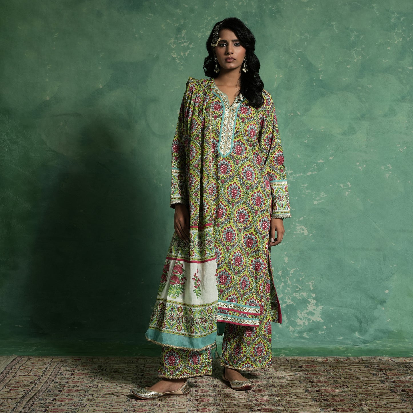 ORGANIC COTTON LIME PHOOL JAAL KURTA SET