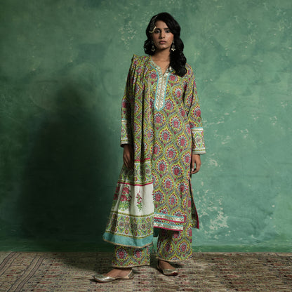 ORGANIC COTTON LIME PHOOL JAAL KURTA SET