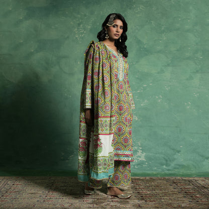 ORGANIC COTTON LIME PHOOL JAAL KURTA SET