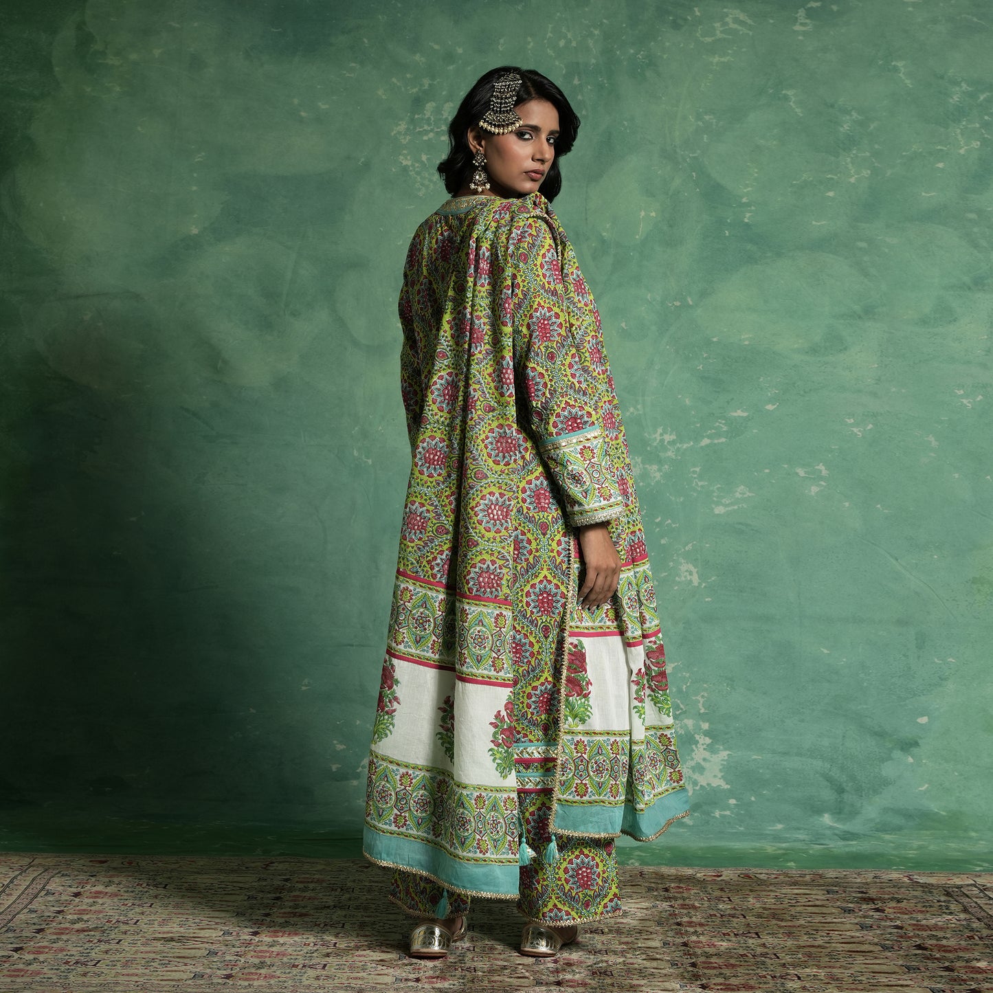 ORGANIC COTTON LIME PHOOL JAAL KURTA SET
