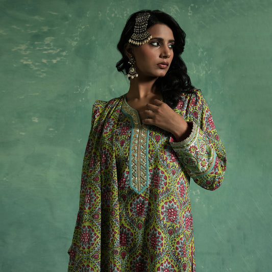 ORGANIC COTTON LIME PHOOL JAAL KURTA SET