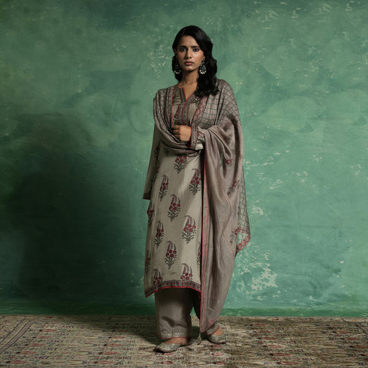 TAUPE SILK PAISLEY BOOTIE KURTA SET