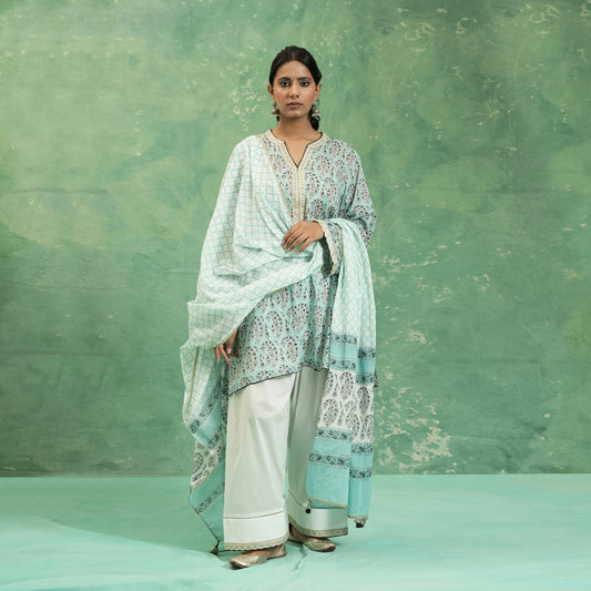 ORGANIC COTTON AQUA PAISLEY FARSHI KURTA SET (SET OF 3)