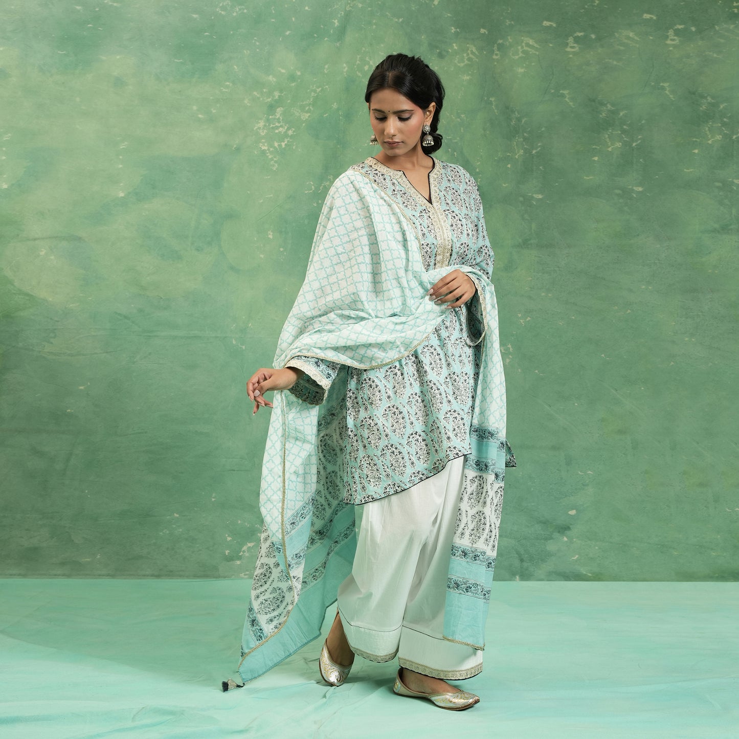 ORGANIC COTTON AQUA PAISLEY FARSHI KURTA SET (SET OF 3)