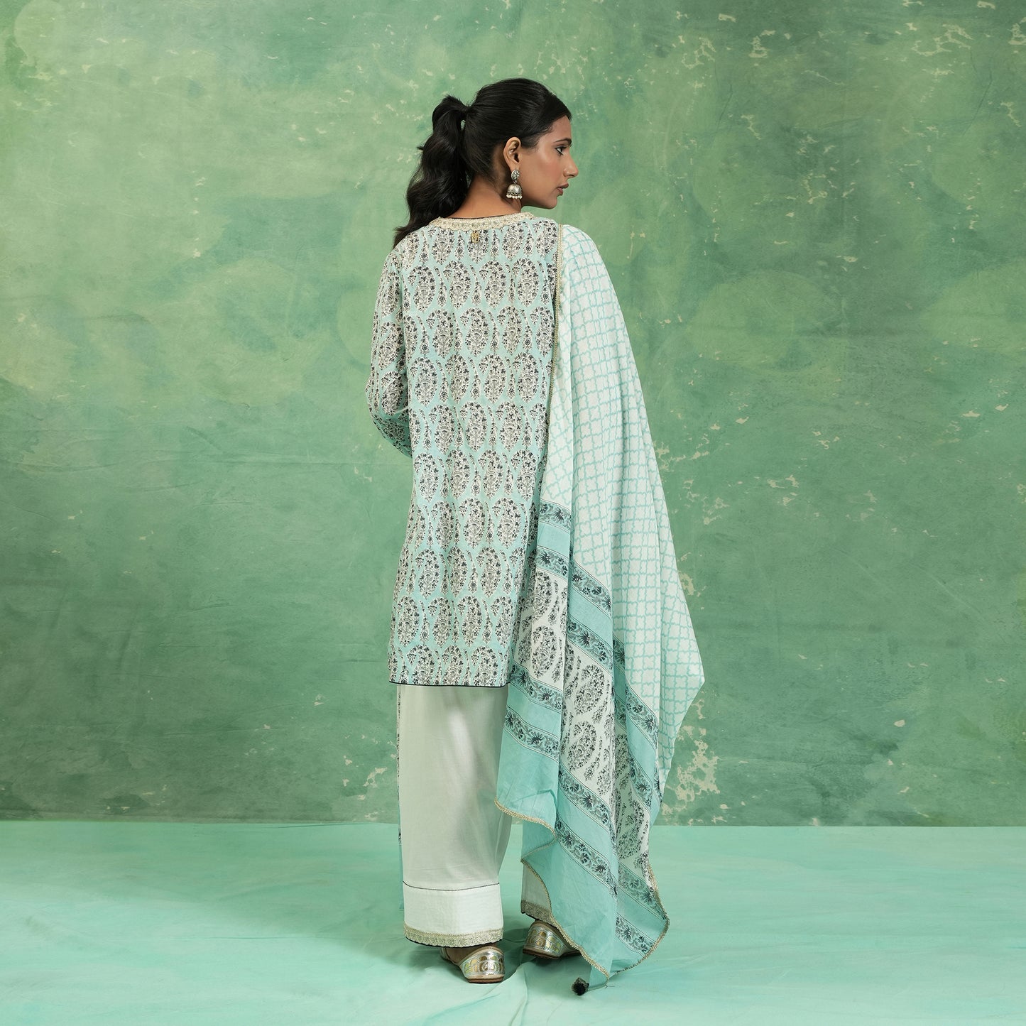 ORGANIC COTTON AQUA PAISLEY FARSHI KURTA SET (SET OF 3)