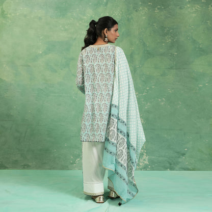 ORGANIC COTTON AQUA PAISLEY FARSHI KURTA SET (SET OF 3)