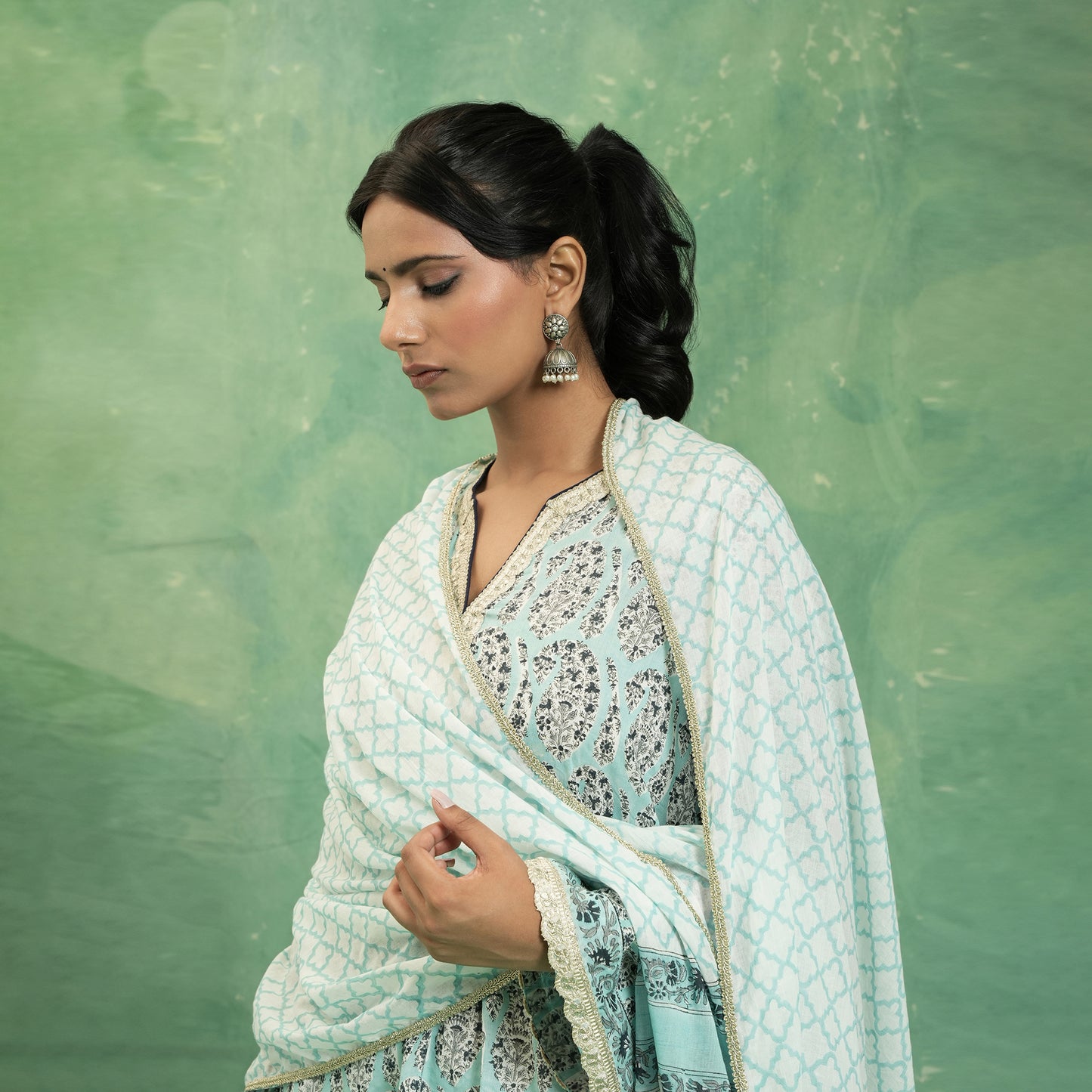 ORGANIC COTTON AQUA PAISLEY FARSHI KURTA SET (SET OF 3)