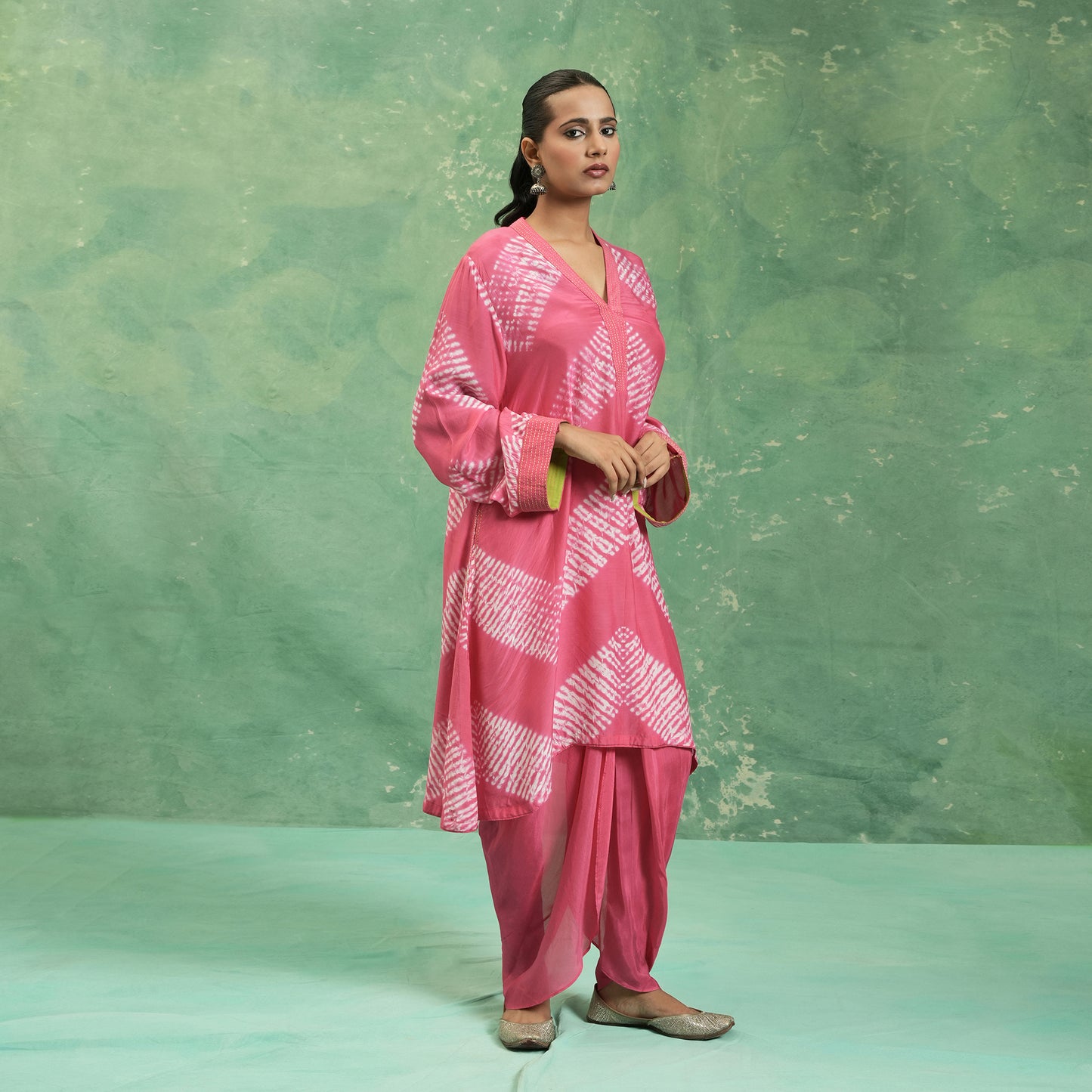 COTTON SILK PINK SHIBORI DHOTI TUNIC (SET OF 2)
